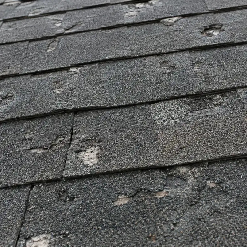 Close-up of hail-bruised roof shingles